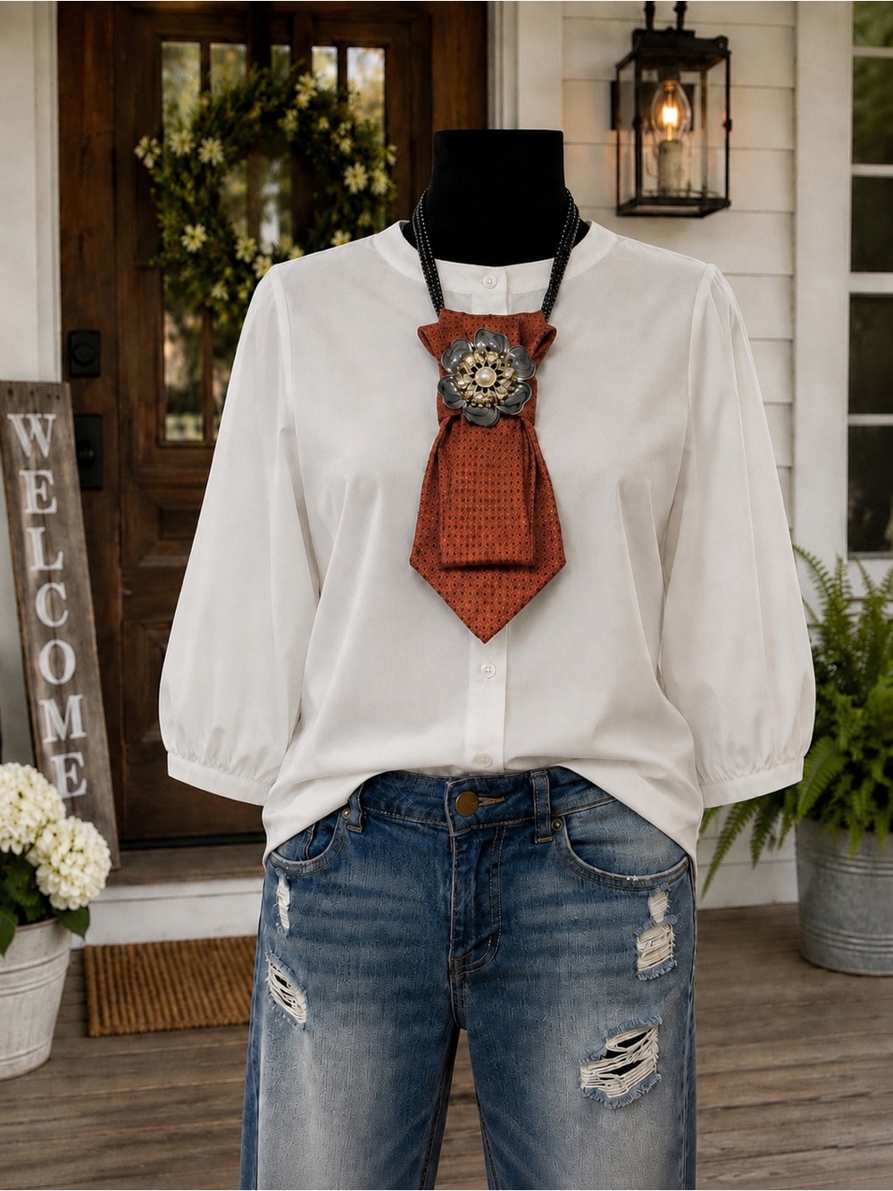 OOAK POLO Ralph Lauren Necktie Necklace Stunning Brooch and Beaded Necklace